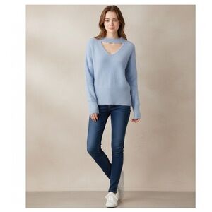 Free people fuzzy choker cutout neck sweater v neck periwinkle blue